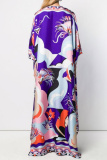 Red Casual Floral Print V Neck Side Slit Long Loose Vacation Boho Maxi Dresses