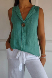 Green Casual Sleeveless Turndown Collar Buttons Vacation Linen Tank Tops