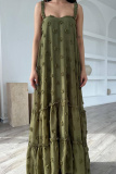 Army Green 3D Flower Decor Casual Sleeveless Backless Spaghetti Strap Ruffle Hem Long Maxi Slip Dresses
