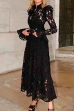 Olive Green Lace Flower Print Casual Mandarin Collar Long Sleeve Hollow Out With Belt Vacation Embroidered Crochet Dress