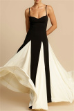 Black White Casual Backless Sleeveless Spaghetti Strap Long Pleated Maxi Flowy Slip Dresses