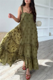 Army Green 3D Flower Decor Casual Sleeveless Backless Spaghetti Strap Ruffle Hem Long Maxi Slip Dresses
