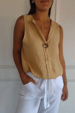 Green Casual Sleeveless Turndown Collar Buttons Vacation Linen Tank Tops