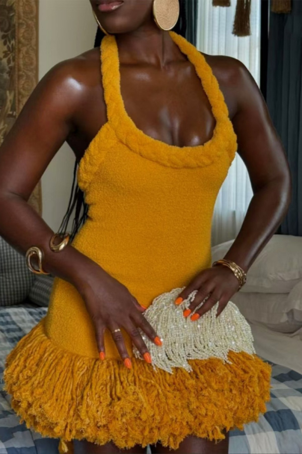 Yellow Sleeveless Fringe Hem Braided Straps Knit Halter Mini Sweater Dress for Summer Outing Beach Vacation