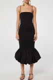 Black Sleeveless Backless Spaghetti Strap Wrapped Skirt Mermaid Hem Party Evening Wedding Formal Bodycon Midi Slip Dresses