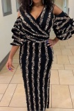 Black Sequins V Neck Puff Sleeve Hollow Out Formal Evening Party Wedding Guest Long Maxi Dresses