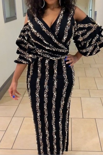 Black Sequins V Neck Puff Sleeve Hollow Out Formal Evening Party Wedding Guest Long Maxi Dresses