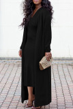 Black Casual Striped Print Long Sleeve Cape Coat And V Neck Bodycon Midi Dress Vacation Plus Size Two Piece Sets