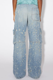Blue Casual Pocket Zipper Straight Ripped Wide Leg Denim Cargo Jeans