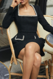White Rhinestone Decor Turndown Collar Long Sleeve Formal Evening Party A Line Chanel Style Mini Dress