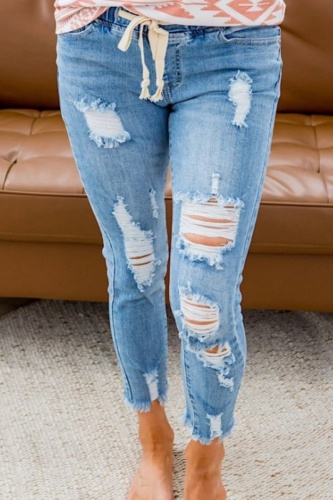 Light Blue Casual High Waist Skinny Ripped Denim Jeans