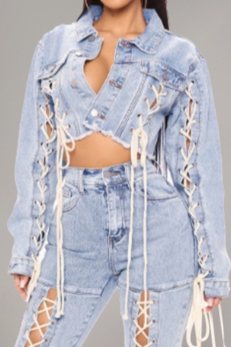 Sky Blue Casual Belted Turndown Collar Long Sleeve Lace Up Denim Jacket