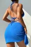 Blue Backless Sleeveless Bra And Mini Shorts Bikini Sets Cover Up Side Tie Skirt Beach Vacation Swimwears