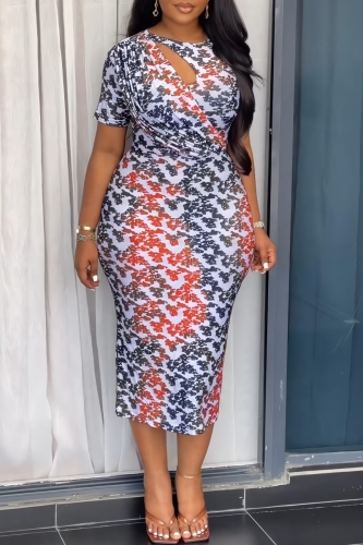 Colorful Gradient Print Zipper O Neck Slit Formal Office Lady Wrapped Skirt  Bodycon Midi Dresses