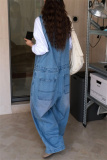 Blue Sleeveless Deep V Neck Loose Vacation Wide Leg Denim Jumpsuits Casual Outings Overall
