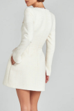 White Rhinestone Decor Turndown Collar Long Sleeve Formal Evening Party A Line Chanel Style Mini Dress