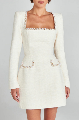 White Rhinestone Decor Turndown Collar Long Sleeve Formal Evening Party A Line Chanel Style Mini Dress