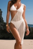 White Backless Sleeveless Bra And Mini Shorts Bikini Sets Cover Up Cut Out Knitted Dress Beach Vacation Swimwears
