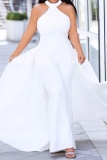 White Casual Sleeveless O Neck Formal Evening Party Bodycon Overlay Halter Jumpsuits