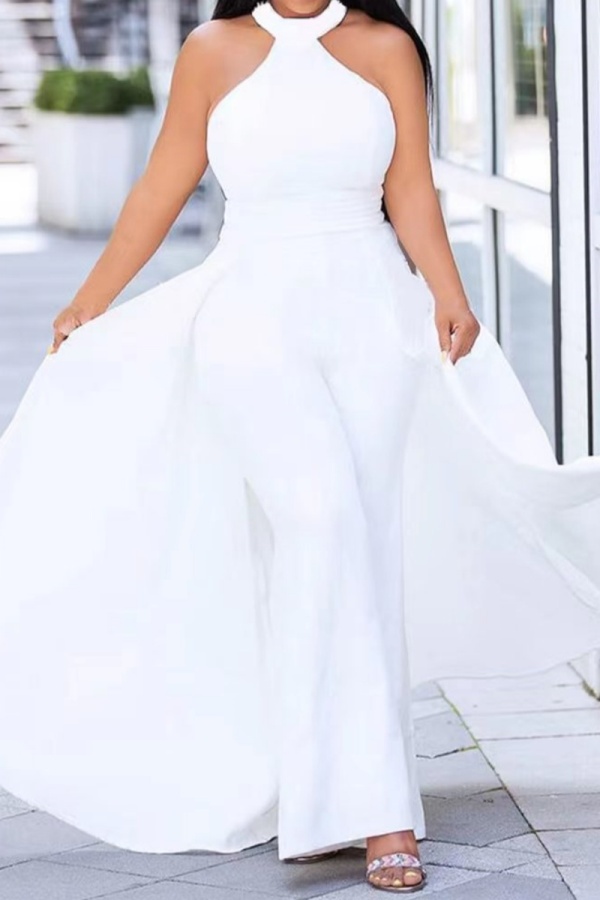 White Casual Sleeveless O Neck Formal Evening Party Bodycon Overlay Halter Jumpsuits