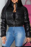 Black Casual Zipper Mandarin Collar Long Sleeve Winter Cotton Jackets