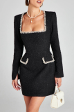 White Rhinestone Decor Turndown Collar Long Sleeve Formal Evening Party A Line Chanel Style Mini Dress