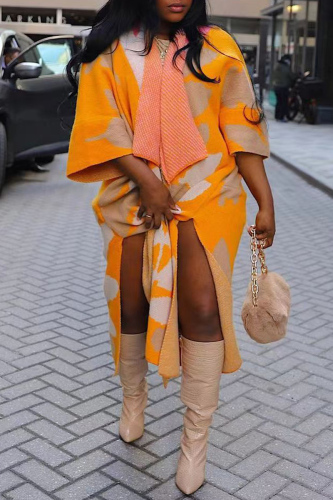 Yellow Casual Turndown Collar Half Sleeve Slit Knitted Sweater Cardigan