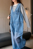 Blue Sleeveless Deep V Neck Loose Vacation Wide Leg Denim Jumpsuits Casual Outings Overall
