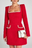 White Rhinestone Decor Turndown Collar Long Sleeve Formal Evening Party A Line Chanel Style Mini Dress