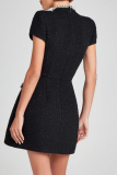 Black Rhinestone Decor Half A Turtleneck Short Sleeve Formal Evening Party A Line Chanel Style Mini Dress