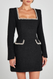 White Rhinestone Decor Turndown Collar Long Sleeve Formal Evening Party A Line Chanel Style Mini Dress