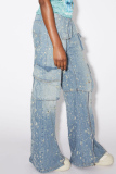 Blue Casual Pocket Zipper Straight Ripped Wide Leg Denim Cargo Jeans