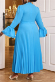 Blue Casual Ruched Half A Turtleneck Flare Sleeve Formal Evening Party Long Pleated A Line Maxi Dresses