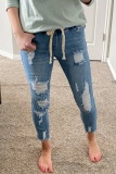Light Blue Casual High Waist Skinny Ripped Denim Jeans
