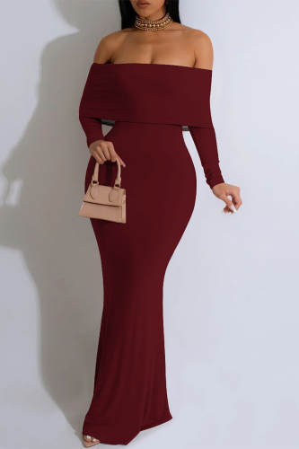 Claret Long Sleeve Off Shoulder One Step Skirt Formal Evening Party Wedding Bodycon Maxi Dress