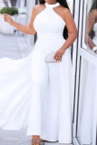 White Casual Sleeveless O Neck Formal Evening Party Bodycon Overlay Halter Jumpsuits