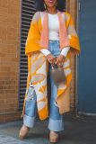 Yellow Casual Turndown Collar Half Sleeve Slit Knitted Sweater Cardigan