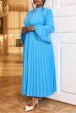 Blue Casual Ruched Half A Turtleneck Flare Sleeve Formal Evening Party Long Pleated A Line Maxi Dresses