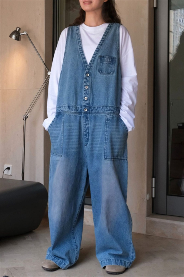 Blue Sleeveless Deep V Neck Loose Vacation Wide Leg Denim Jumpsuits Casual Outings Overall