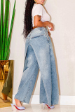 Blue Casual Straight Leg Distressed Overlay Denim Jeans