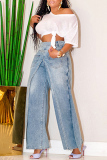 Blue Casual Straight Leg Distressed Overlay Denim Jeans