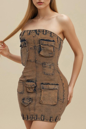 Brown Casual Pocket Backless Strapless Sleeveless Skinny Tube Denim Mini Dresses