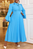 Blue Casual Ruched Half A Turtleneck Flare Sleeve Formal Evening Party Long Pleated A Line Maxi Dresses