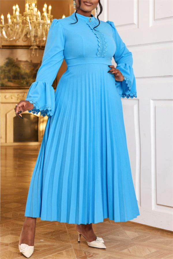Blue Casual Ruched Half A Turtleneck Flare Sleeve Formal Evening Party Long Pleated A Line Maxi Dresses