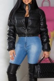 Black Casual Zipper Mandarin Collar Long Sleeve Winter Cotton Jackets