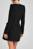 White Rhinestone Decor Turndown Collar Long Sleeve Formal Evening Party A Line Chanel Style Mini Dress