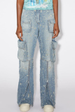 Blue Casual Pocket Zipper Straight Ripped Wide Leg Denim Cargo Jeans