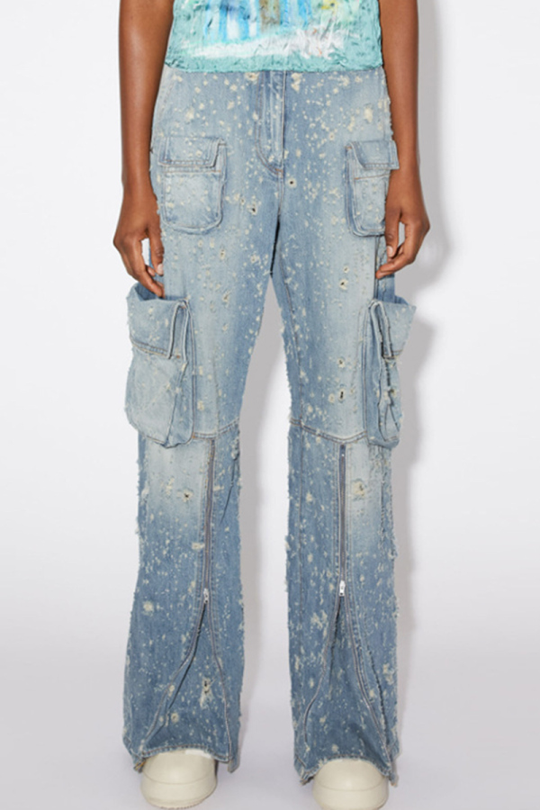 Blue Casual Pocket Zipper Straight Ripped Wide Leg Denim Cargo Jeans