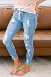 Light Blue Casual High Waist Skinny Ripped Denim Jeans