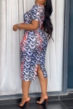 Colorful Gradient Print Zipper O Neck Slit Formal Office Lady Wrapped Skirt  Bodycon Midi Dresses